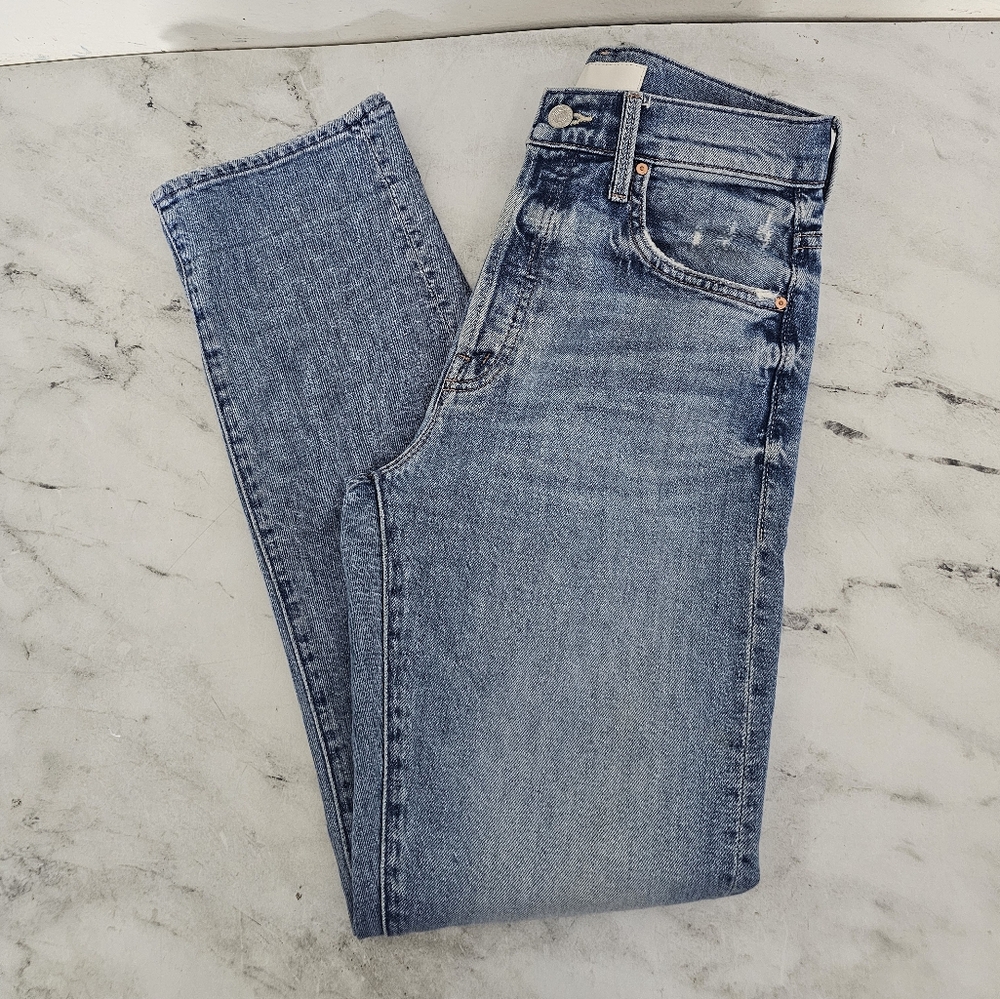 MOTHER High Waisted Hiker Hover High Rise Distressed Straight Leg Blue Jeans 25 - Picture 3 of 11